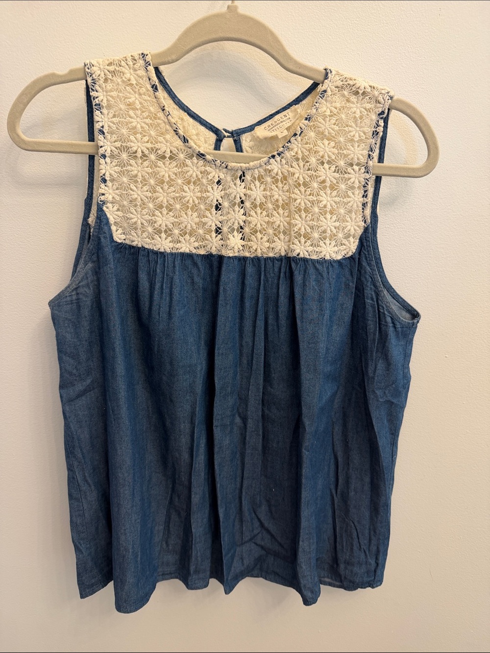 Crescent Blue Denim Tank with Ivory Crochet Yoke